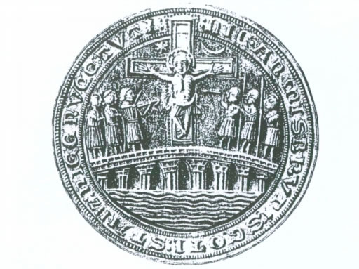 Old Common Seal of the Burgh of Stirling. The Medieval Latin translates roughly to “Here the Highland Scots stand in arms, here they stand safe in the Cross.”