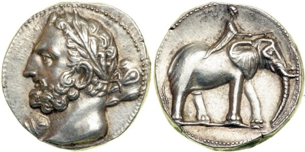 This coin depicting Hannibal was minted c. 220 BC. The elephant was strongly associated with the Carthaginian general even before he crossed the Alps. In other news, this coin auctioned for $260,000 in 2013.