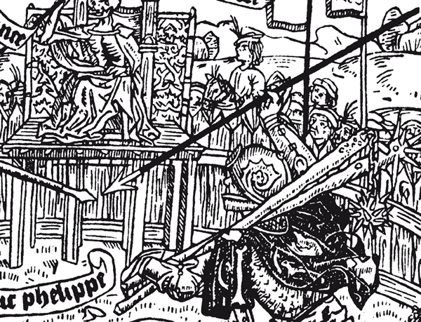 A knight in combat with Philippe of Burgundy with a ball and chain flung over his shoulder. Detail from anonymous woodcut c. 1485 in the poem “Le Chevalier Délibéré” by Olivier de la Marche. Waldman 2005, 148.