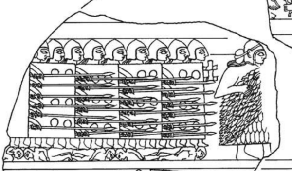 Stele of Vultures sketch from Hamblin, Warfare in the Ancient Near East, 56.